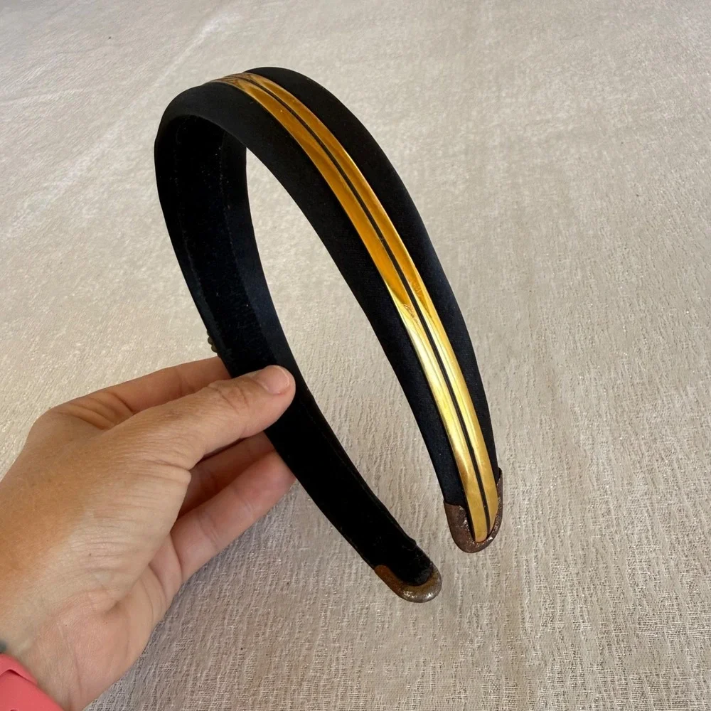 Vintage Black Satin Gold Trim Headband Beaded Mod Retro‎ Hair Accessory